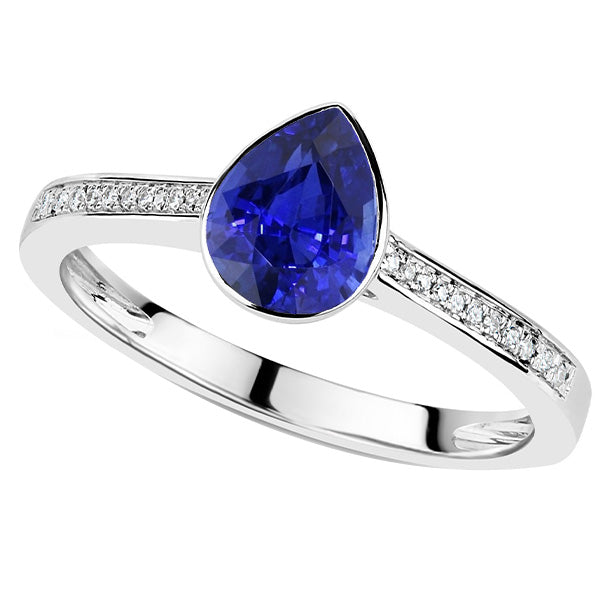 Gemstone Lady’s Brilliant Wedding Ring Bezel Set Blue Sapphire & Diamonds