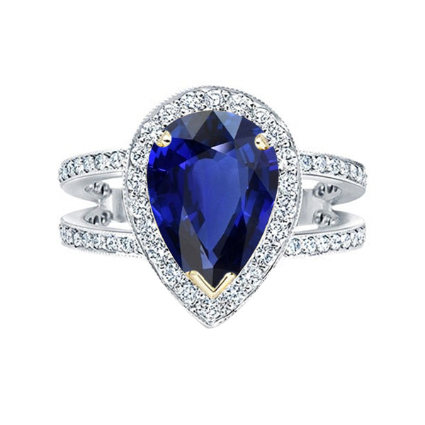 Halo Two Lady’s Brilliant Tone Gold Deep Blue Sapphire & Diamond Ring