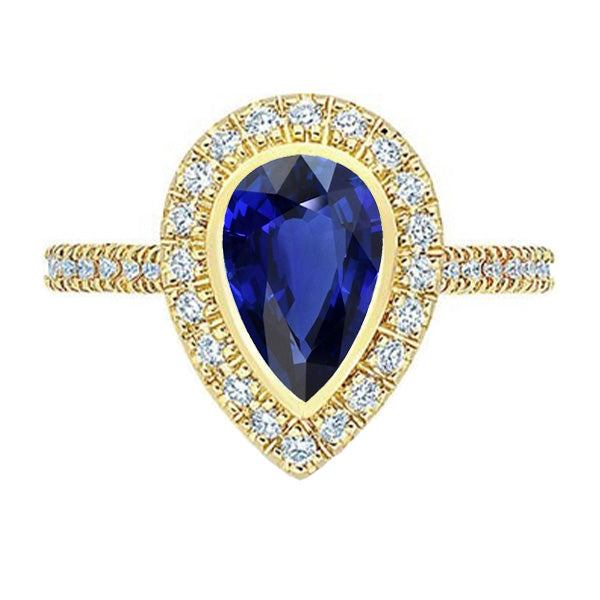 Yellow Gold Lady’s Brilliant Halo Pear Srilanka Sapphire Ring & Diamonds