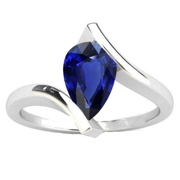 Women Jewelry Sparkling Solitaire Pear Deep Blue Sapphire Ring Gold Tension Style