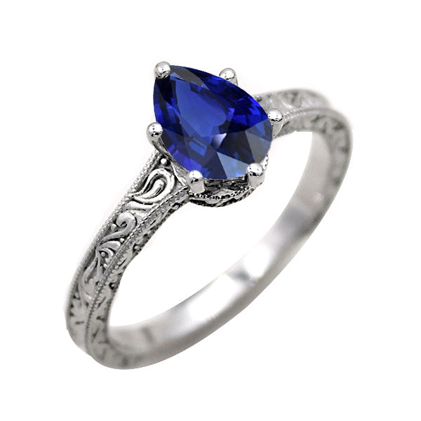 Solitaire Pear Blue Lady’s Brilliant Sapphire Ring Antique Style