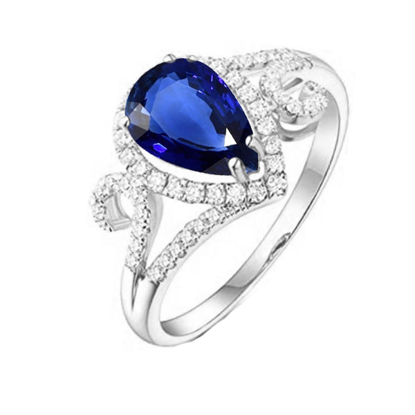 Halo Gemstone Blue Sapphire Ring & Diamonds Women Jewelry