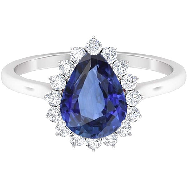 Womans Quality Wedding Diamond Halo Anniversary Pear Shaped Blue Sapphire Ring