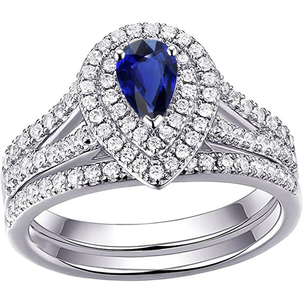 Double Halo Quality Wedding Wedding Ring Set Pear Blue Sapphire & Diamonds