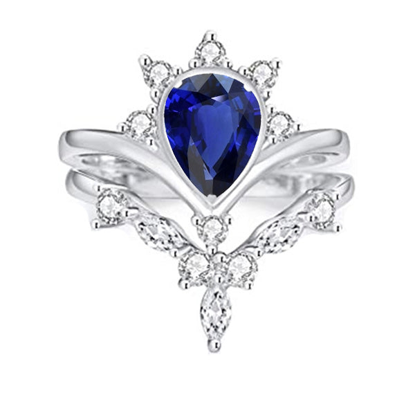 Diamond Wedding Ring Set Pear Ceylon Sapphire Women Jewelry Sparkling Crown Style