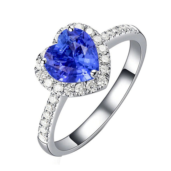 Natural Earth Mined Diamond Halo Heart Shaped Blue Sapphire Ring 3.50 Carats