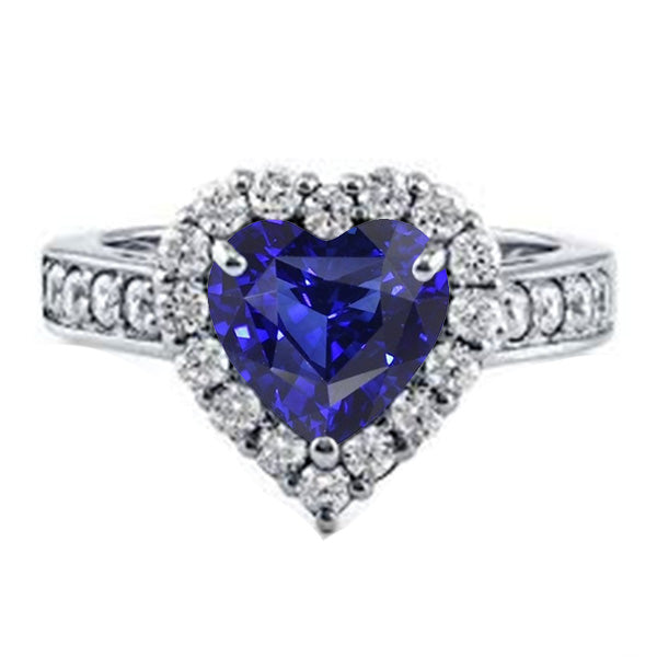 Natural Earth Mined Diamond Halo Engagement Ring Heart Cut Blue Sapphire 4 Carats