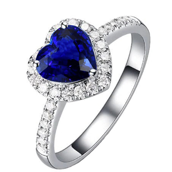 Women Natural Earth Mined Diamond Halo Heart Shaped Ring Blue Sapphire 4 Carats