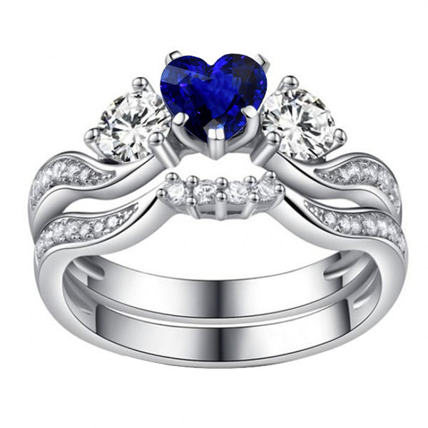 Blue Sapphire Engagement Ring Set With Gold Natural Earth Mined Diamond Band 3 Carats 14K