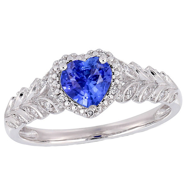 Woman's Weeding Anniversary White Gold Halo Heart Blue Sapphire Ring Leaf Style