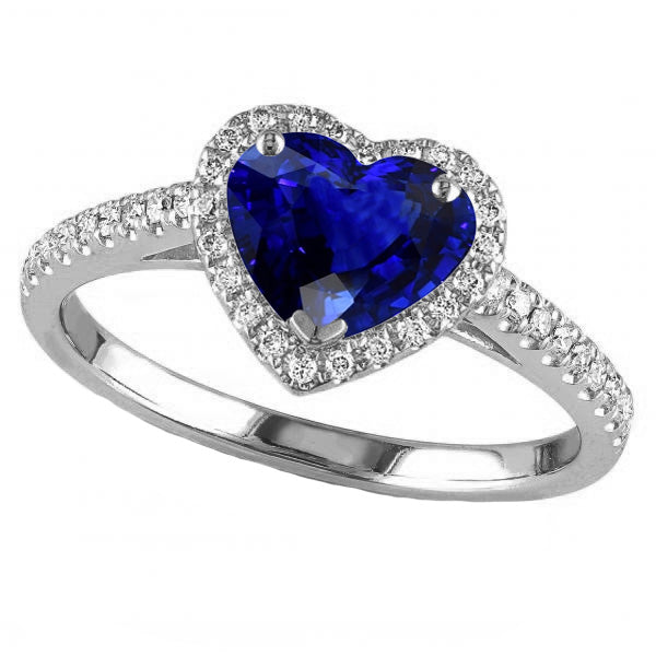 Woman's Weeding Anniversary Gold Halo Heart Srilanka Sapphire Ring & Pave Set Diamonds