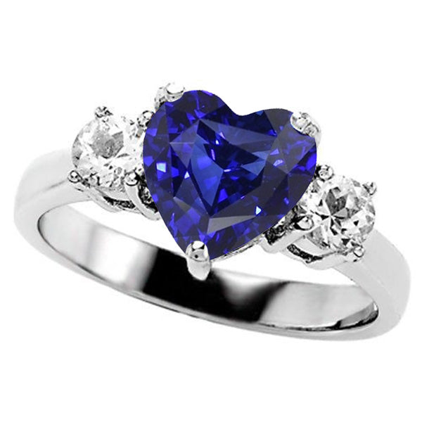 Unique Lady’s Three Stone Heart Blue Sapphire Ring & Round Diamonds
