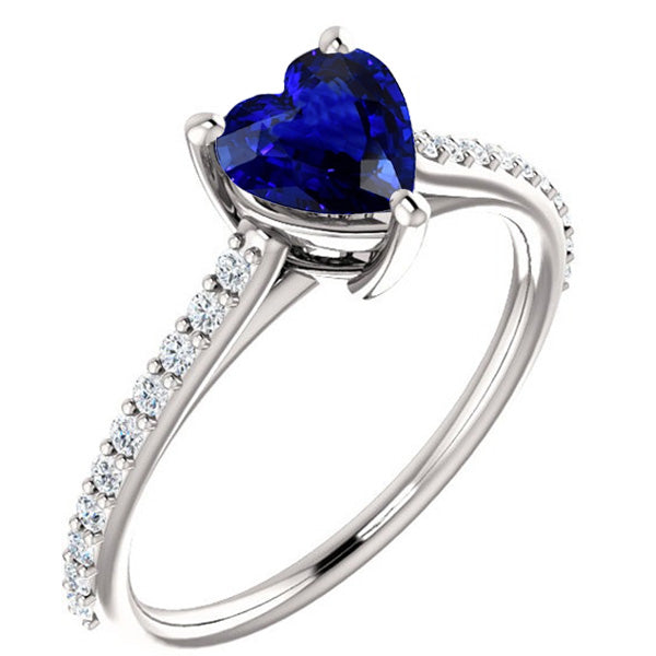 Unique Lady’s Solitaire Heart Ceylon Sapphire Ring & Pave Set Diamond