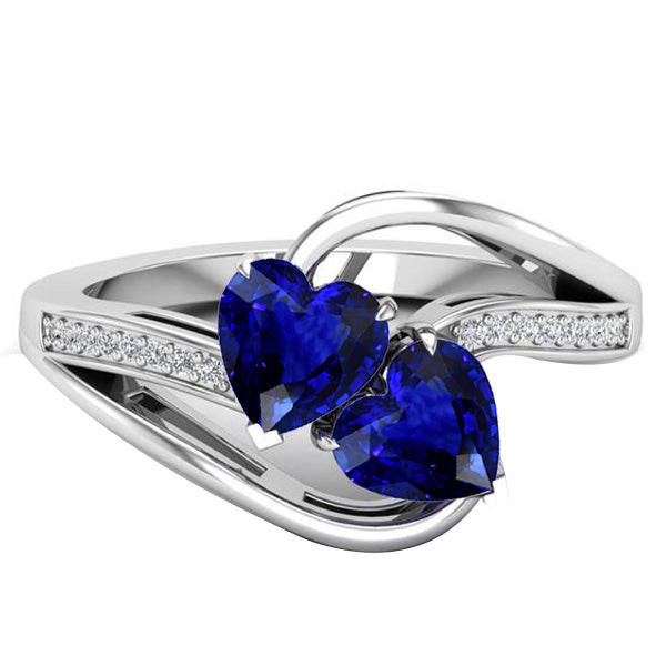 Brilliant Sparkling Toi et Moi 2 Stone Heart Blue Sapphire Round Diamond Ring