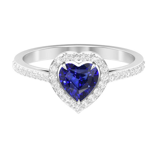 Sparkling Unique Lady’s Halo Blue Sapphire Heart Ring & Pave Set Diamonds