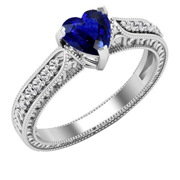 Princess Cut Style Gemstone Ring Heart Blue Sapphire Jewelry Milgrain Shank