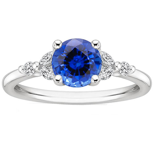 Ladies Gemstone Ring Blue Sapphire Marquise & Round Natural Earth Mined Diamonds 3 Carats