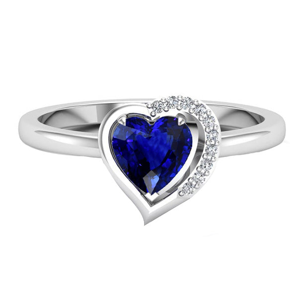 Women Heart Gemstone Ring Blue Sapphire Antique Lady’s Prong Set Diamonds
