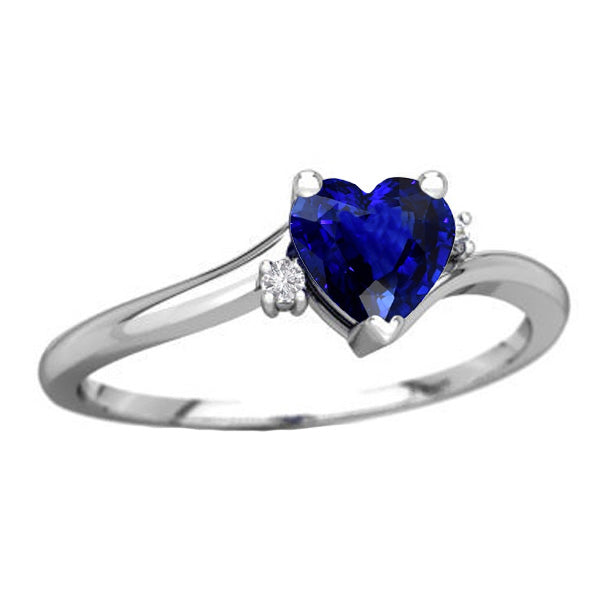 3 Stone Lady’s Round Anniversary Ring Heart Blue Sapphire & Small Round Diamonds