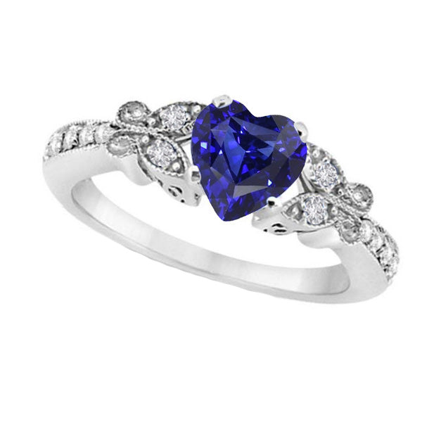 Natural Earth Mined Diamond Heart Shaped Blue Sapphire Ring