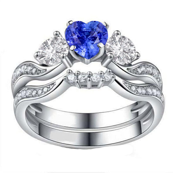Sparkling Unique Lady’s 3 Stone Wedding Ring Set Heart Blue Sapphire & Round Diamonds