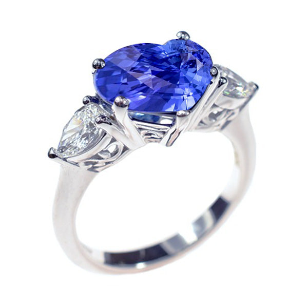 3 Stone Pear Natural Earth Mined Diamond & Heart Blue Sapphire Ring 3 Carats Gold Jewelry