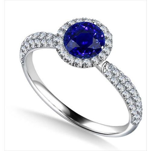 Unique Lady’s Round Diamond Halo Ring Ceylon Sapphire Double Pave Accents