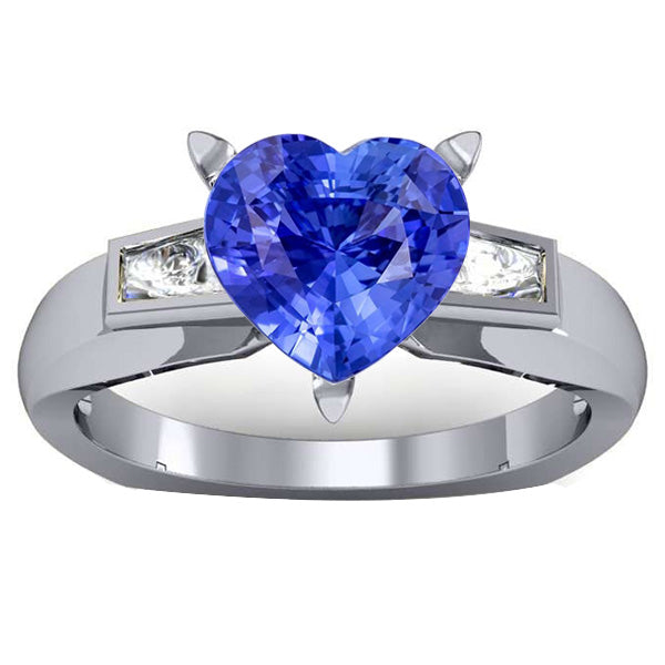 Sparkling Unique Lady’s 3 Stone Baguette Diamond & Blue Sapphire Heart Shaped Ring