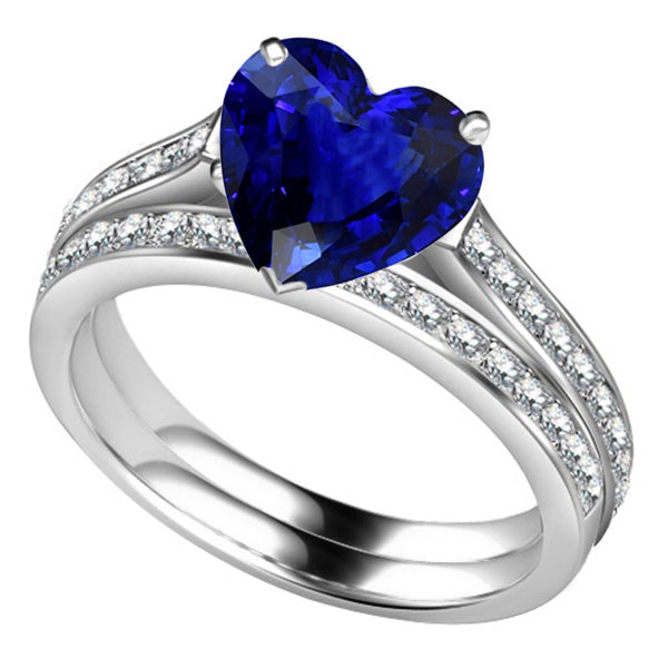 Round Diamond Lady’s Round Anniversary Blue Sapphire Engagement Ring Set With Band