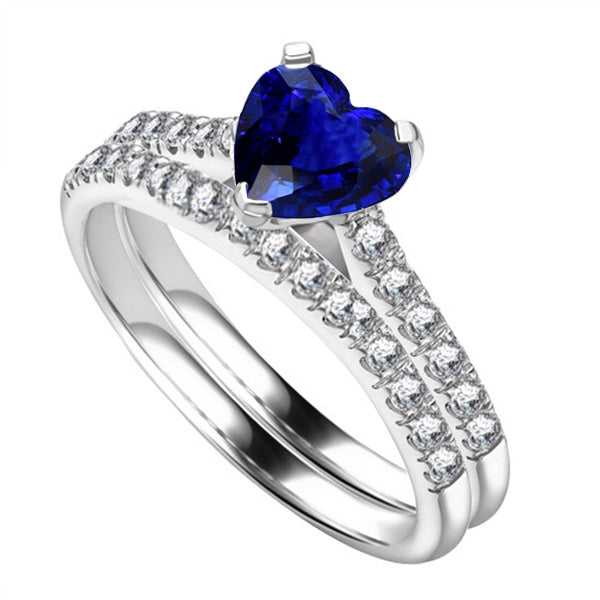 Ladies Lady’s Round Anniversary Diamond Engagement Ring Set Heart Ceylon Sapphire