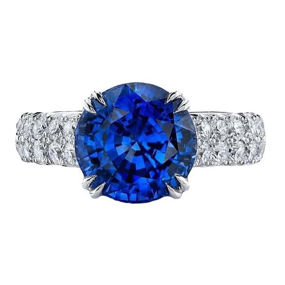 New Stylish Big Round Diamond Ring Genuine Blue Sapphire Prong
