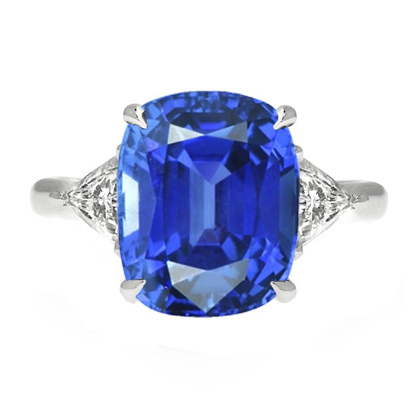 Blue Sapphire Three Stone Ring Oval & Trillion Natural Earth Mined Diamonds 4.50 Carats