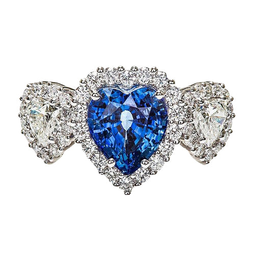 New Stylish Gold Anniversary Ring Heart Cut Blue Sapphire & Halo Diamonds