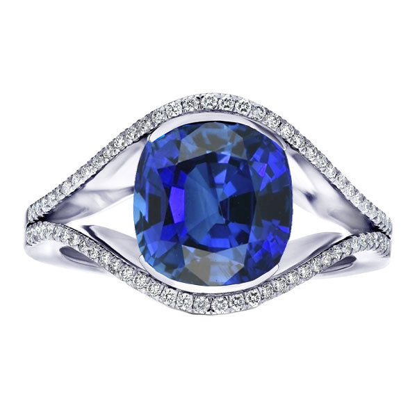Natural Earth Mined Diamond Jewelry Oval Ceylon Sapphire Ring Split Shank 4.50 Carats