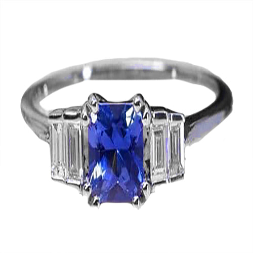 Lady’s Style White Elegant Gemstone Ring Radiant Cut Ceylon Sapphire & Baguette Diamonds