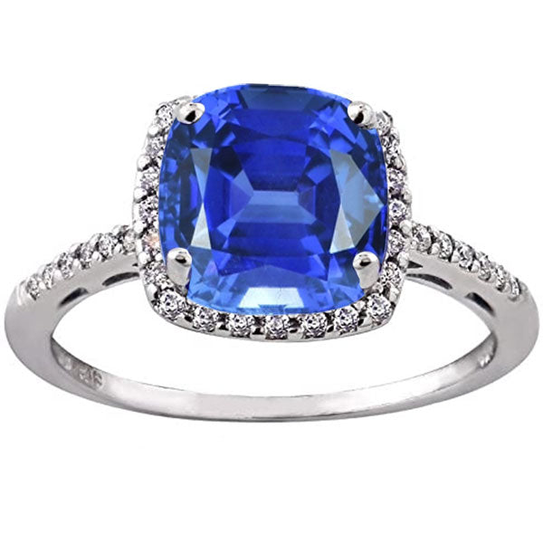 Ladies Halo Ring Cushion Ceylon Sapphire & Natural Earth Mined Diamonds 5 Carats Gold 14K