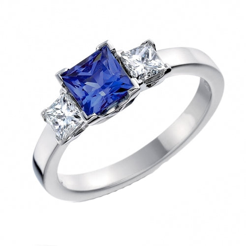 Lady’s Style White Elegant Gold Gemstone Princess Blue Sapphire & Diamond 3 Stone