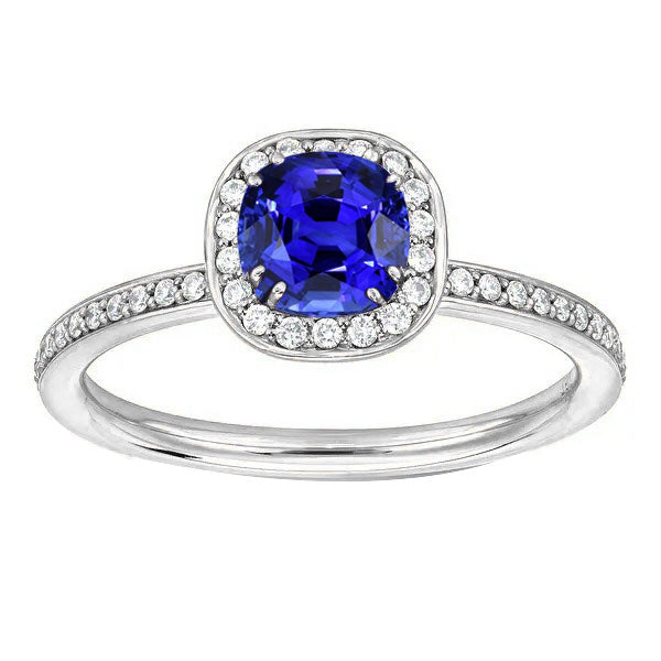 Natural Earth Mined Diamond Halo Cushion Blue Sapphire Ring 3 Carats White Gold 14K