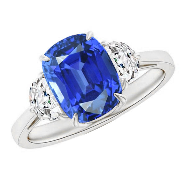 Gorgeous fancy anniversary Three Stone Oval Blue Sapphire Ring Half Moon Diamonds