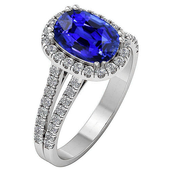New Fancy Weeding Oval Shaped Halo Blue Sapphire Ring Split Shank Diamond