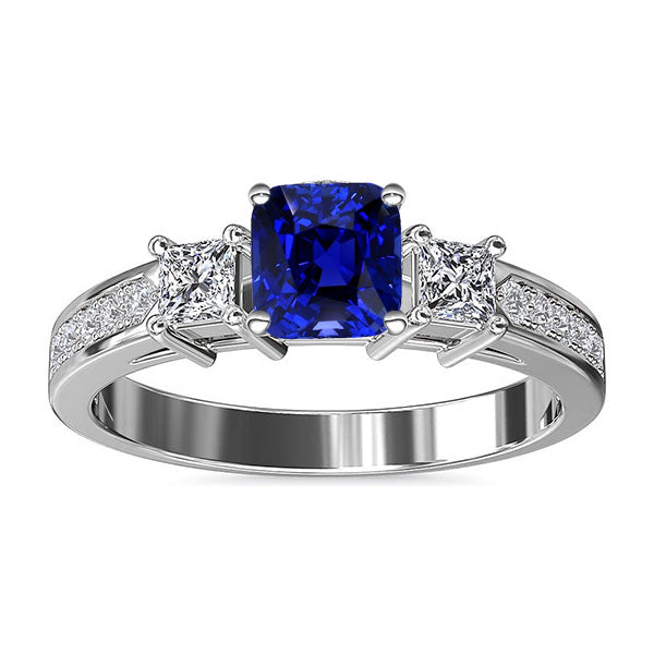New Stylish Ceylon Sapphire Gemstone Ring Princess & Round Diamonds