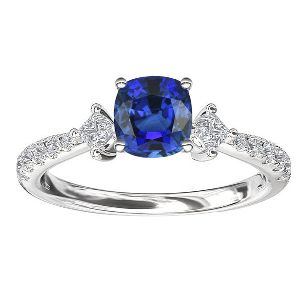 Woman's Weeding Anniversary Round & Princess Diamond Cushion Sapphire Ring 3 Stone Style