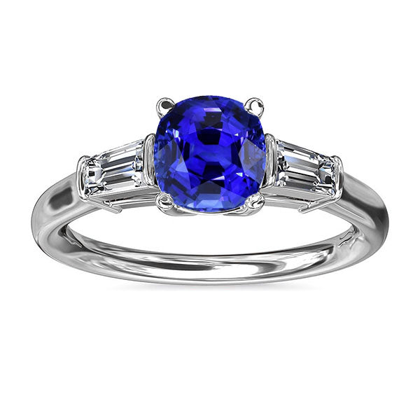 Three Stone Cushion Ceylon Sapphire Ring Woman's Weeding Anniversary Baguette Diamonds