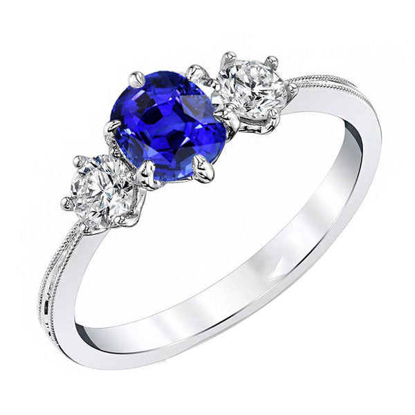 Lady’s Brilliant Engagement Gold Three Stone Cushion Cut Sapphire Ring Ladies Jewelry