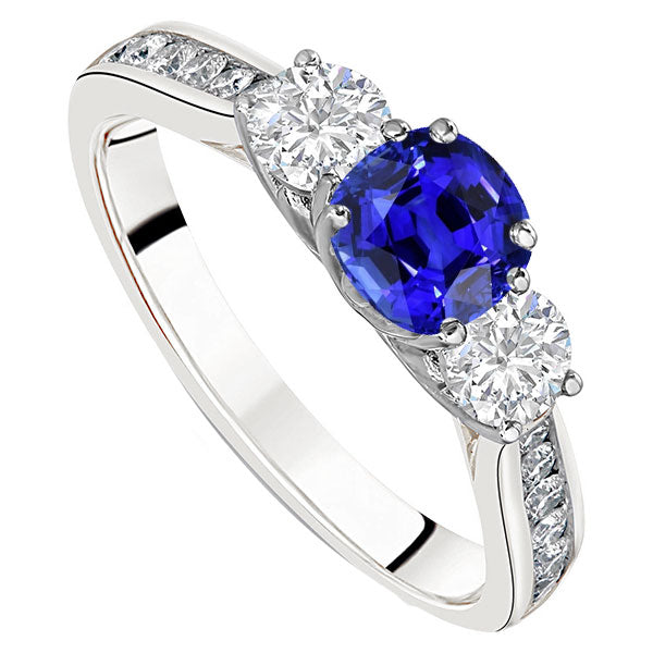 3 Stone Style Gemstone Ring Cushion Sapphire & Diamonds Lady’s Brilliant Engagement