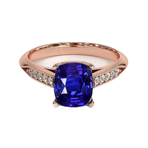 Ladies Sparkling Vintage Style Ceylon Cushion Sapphire Ring Accents Rose Gold