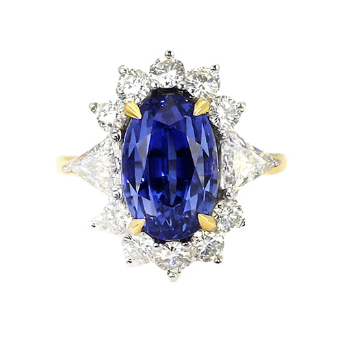 Halo Natural Earth Mined Diamond Ceylon Sapphire Ring 4.25 Carats Two Tone Sunburst Style