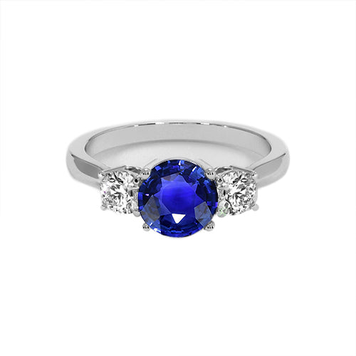 Elegant Woman's White Gold Blue Sapphire & Round Diamond 3 Stone Ring