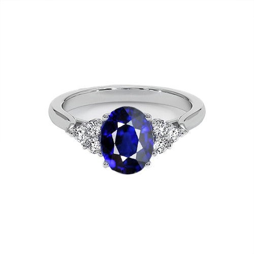 Elegant Woman's Round Diamond Ring Natural Oval Sri Lankan Sapphire