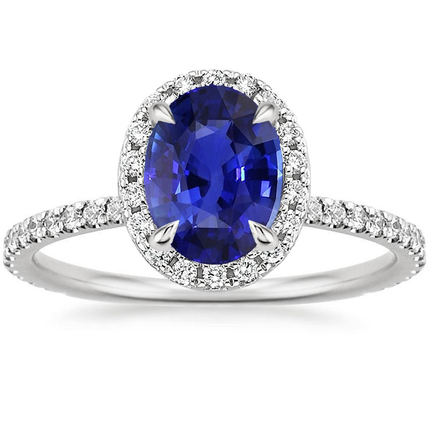 New High Quality Wedding Halo Ring Oval Cut Ceylon Sapphire & Pave Set Diamonds